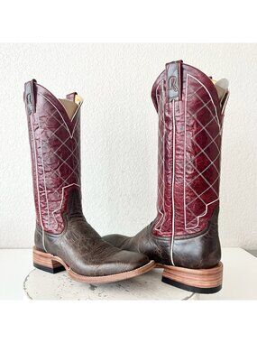 Rod Patrick Mens Brown Cowboy Boots Bison Sz 9 Leather Soles Square Toe Western